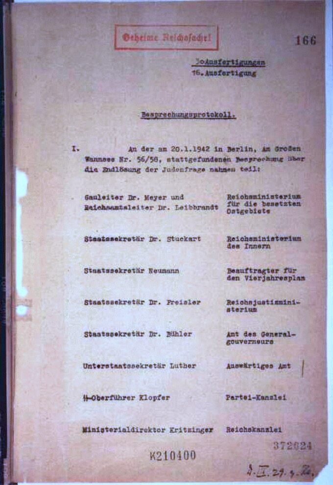 Strona tytułowa protokołu Konferencji w Wannsee z listą nazwisk uczestników