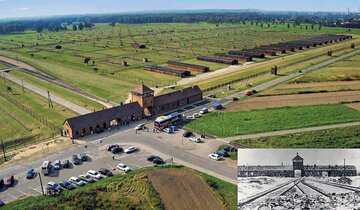 Auschwitz II-Birkenau obecnie i&nbsp;w&nbsp;1945&nbsp;r.