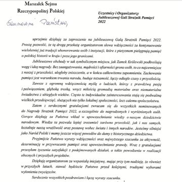 List marszałek Sejmu Elżbiety Witek do&nbsp;uczestnik&oacute;w Gali Strażnik Pamięci 2022.