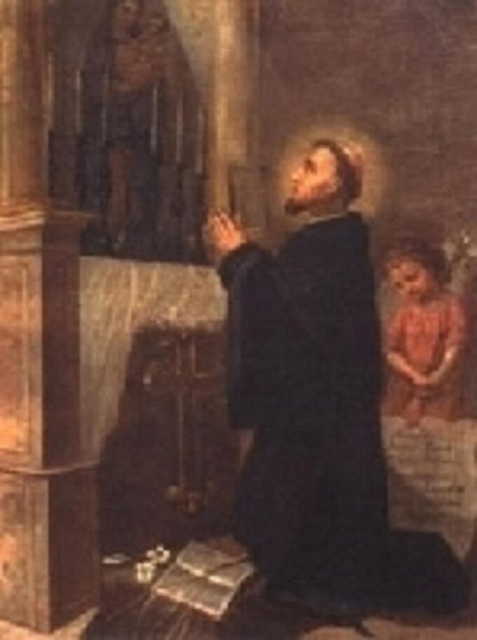 Obraz Izajasza Bonera modlącego się przed Matką Bożą Pocieszenia, autor nieznany (XVIII wiek).