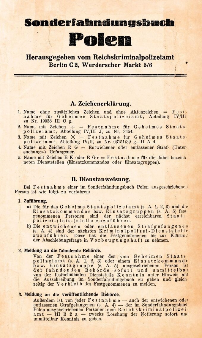 Jedna z pierwszych stron "Sonderfahndungsbuch Polen"