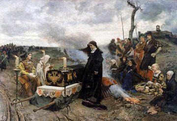 Joanna Szalona czuwa przy trumnie męża. Jej oddanie wobec najbliższych uczyniło z&nbsp;niej symboliczną ofiarę miłości i&nbsp;polityki, mal. F. Pradilla y Ortiz (Museo del Prado)