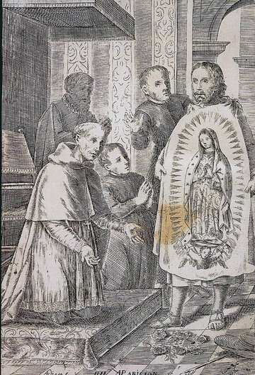 Juan Diego ukazuje biskupowi Zum&aacute;rradze cudowny wizerunek Matki Bożej. Rycina z&nbsp;XVII wieku
