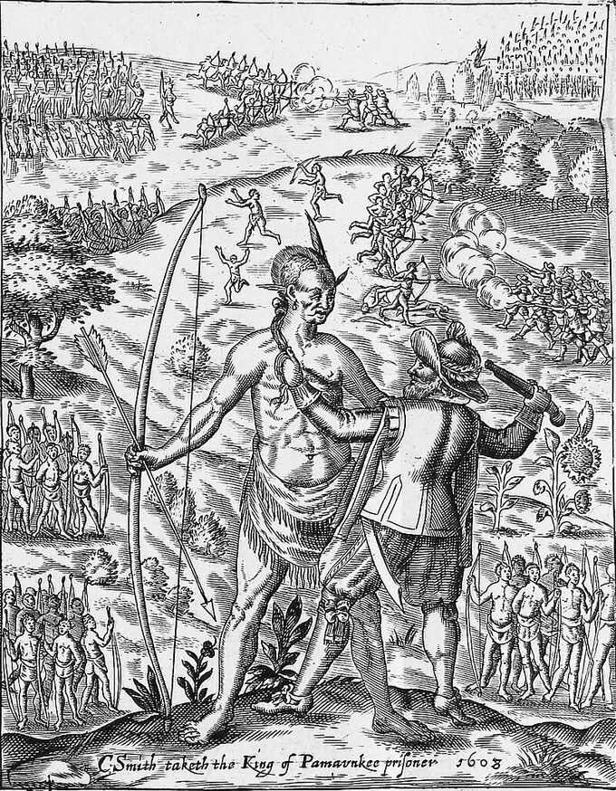 "John Smith bierze do niewoli króla Indian”, fantazyjny obraz Opechancanougha z "General History of Virginia"