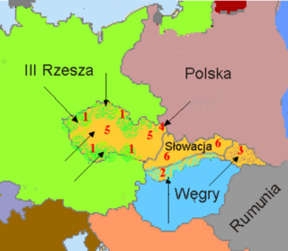 Podział Czechosłowacji. 1-Niemcy,  2-Węgry, 3-Ukraina Karpacka (p&oacute;źniej do&nbsp;Węgier), 4-Polska, 5-p&oacute;źniejszy Protektorat Czech i&nbsp;Moraw, 6-p&oacute;źniejsza Słowacja