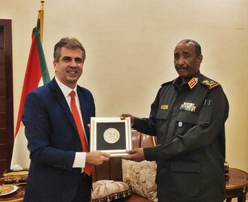 Abdel Fattah al-Burhan (po lewej) z&nbsp;ministrem wywiadu Izraela Eli Cohenem w&nbsp;styczniu 2021 roku