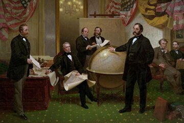 Podpisanie traktatu dot. zakupu Alaski przez USA. Od&nbsp;lewej: Robert S. Chew, William H. Seward, William Hunter , pan Bodisco, Eduard de Stoeckl , Charles Sumner i&nbsp;Frederick W. Seward