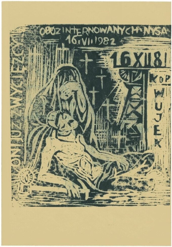 Pamiątkowa grafika z obozu dla internowanych w Nysie, 1982 r.