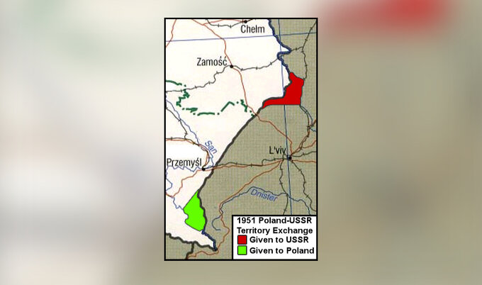 Tereny podlegające pod umowę o zamianie granic z 1951 r.: na czerwono do ZSRR, na zielono do Polski