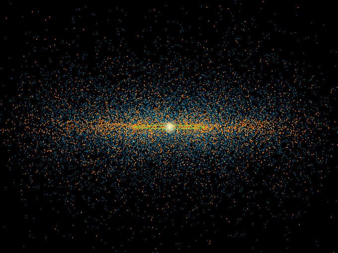 Symulowany rozkład przestrzenny planetoid bliskich Ziemi, w tym potencjalnie niebezpiecznych (pomarańczowe). Zielona linia wskazuje orbitę Ziemi.