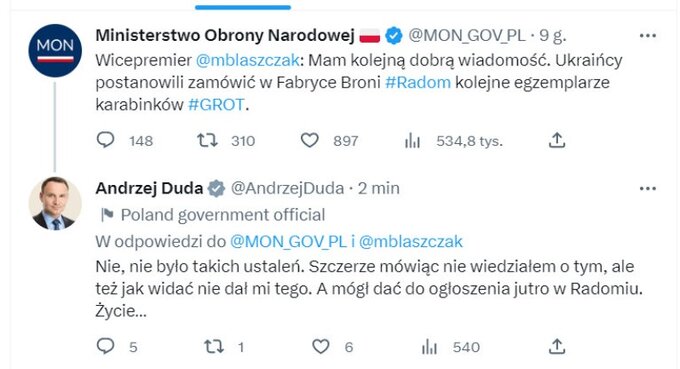Szef MON Mariusz Błaszczak poinformował o&nbsp;zam&oacute;wieniu przez Ukraińc&oacute;w polskich karabink&oacute;w GROT. Wpis skomentowano z&nbsp;konta prezydenta Andrzeja Dudy.