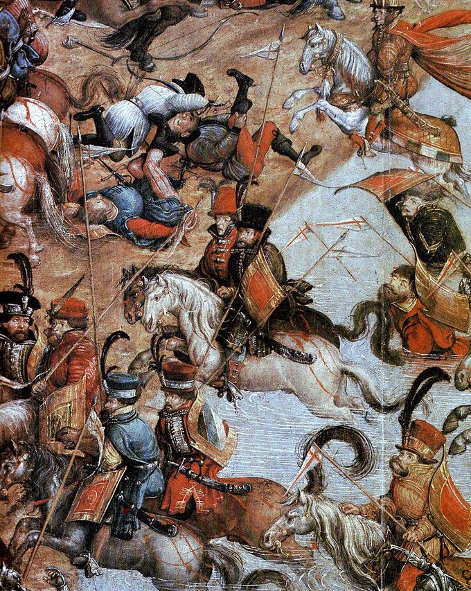 Husarze z pocz. XVI wieku w bitwie (Fragment obrazu „Bitwa pod Orszą”