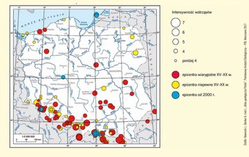 Mapa epicentr&oacute;w trzęsień ziemi w&nbsp;Polsce od&nbsp;XVI wieku
