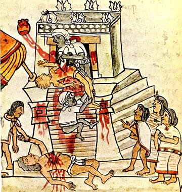 Aztekowie składający ofiary z&nbsp;ludzi. Grafika z&nbsp;Codex Magliabechiano, XVI wiek.
