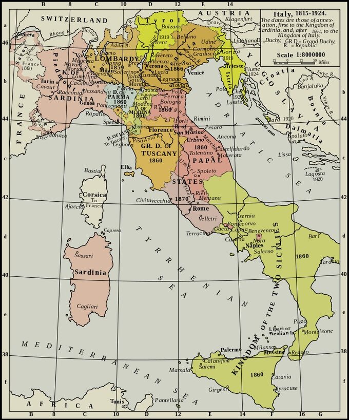 Proces zjednoczenia Włoch. Widoczne daty, kiedy poszczególne części Italii były włączone do Królestwa Włoch
