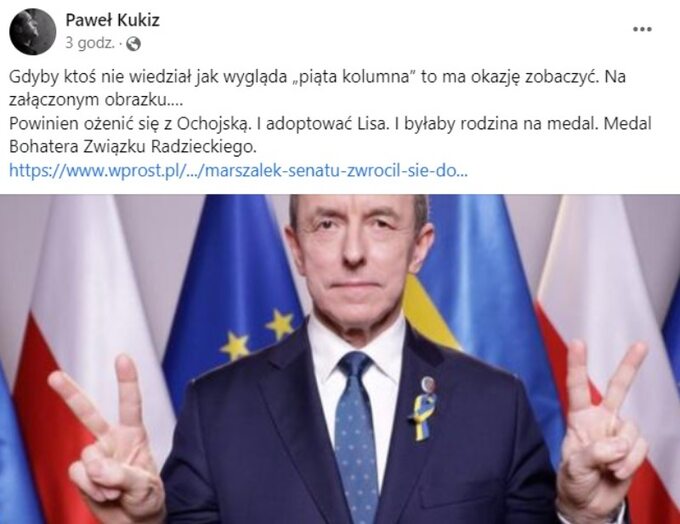 Lider Kukiz'15 Paweł Kukiz w ostrych słowach skomentował wystąpienie marszałka Senatu Tomasza Grodzkiego.