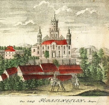 Zamek Książ w&nbsp;1738 roku, rycina rysunku Friedricha Wernera