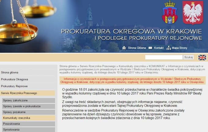 Komunikat Prokuratury Okręgowej w&nbsp;Krakowie po&nbsp;przesłuchaniu premier Beaty Szydło