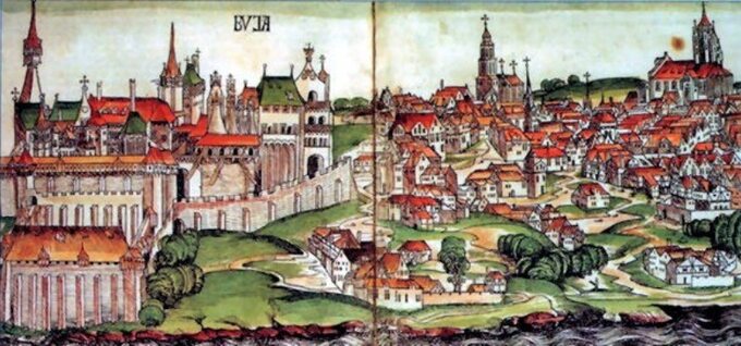 Najstarsze znane przedstawienie Budy autorstwa Hartmanna Schedla pochodzące z Kroniki norymberskiej (1493)