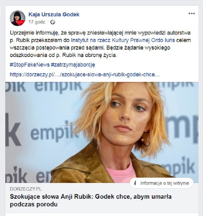 Działaczka pro-life Kaja Godek poinformowała, że pozwie modelkę.