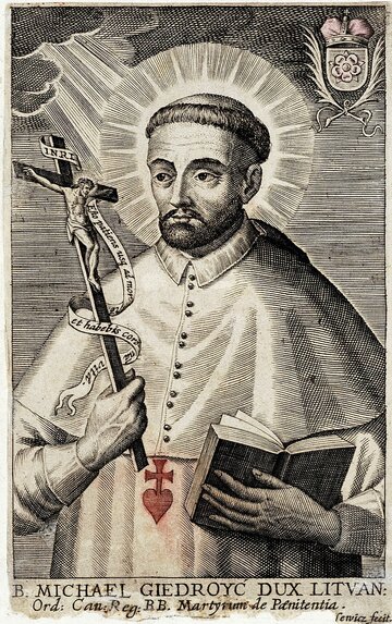 Miedzioryt z&nbsp;wizerunkiem bł. Michała Giedroycia. Autor: Aliaksandr Tarasewicz, XVII w.