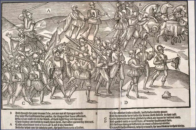Angielscy żołnierze niosą głowy zabitych Irlandczyków. Ilustracja z "The Image of Irelande, with a Discoverie of Woodkarne", książki z 1581 roku opisującej podbój Irlandii
