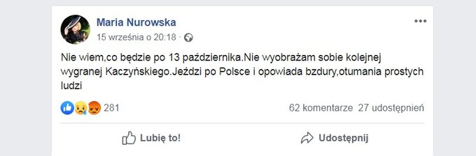 Wpis Marii Nurowskiej na Facebooku