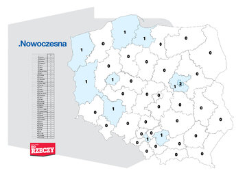 Ilość mandat&oacute;w, kt&oacute;re uzyskałaby Nowoczesna w&nbsp;okręgach wyborczych