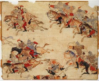 Mongolscy jeźdźcy ścigają pokonanych przeciwników. Ilustracja, XIV wiek