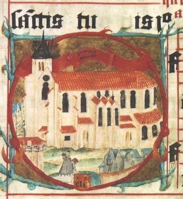 Archikatedra w&nbsp;Gnieźnie, widok z&nbsp;1509 roku z&nbsp;antyfonarza Klemensa z&nbsp;Piotrkowa z&nbsp;Biblioteki Kapitulnej w&nbsp;Gnieźnie