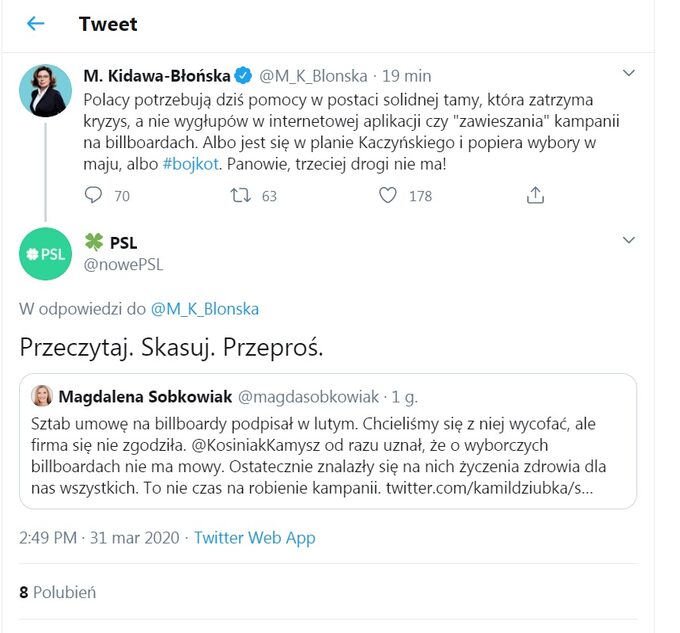 Sprzeczka między PSL a Kidawą-Błońską na Twitterze