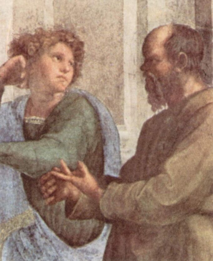 Sokrates wyliczający argumenty, fragment Szkoły Ateńskiej pędzla Rafaela (ok. 1509 r.)