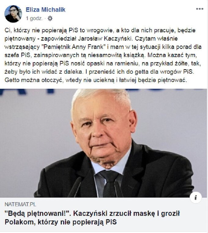 Dziennikarka Eliza Michalik skomentowała na&nbsp;Facebooku wtorkowe wystąpienie prezesa PiS Jarosława Kaczyńskiego.