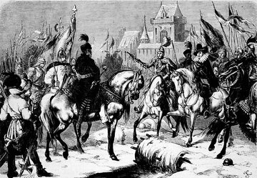 Maksymilian Habsburg poddaje się Zamoyskiemu pod&nbsp;Byczyną, "Tygodnik Ilustrowany" (1862)