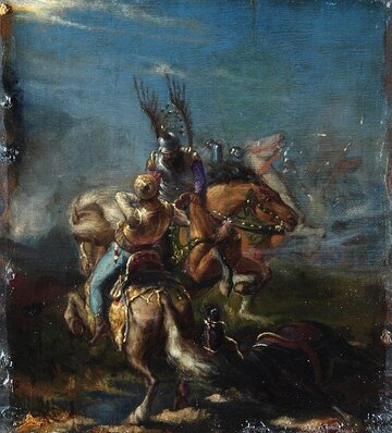 Husarz w&nbsp;czasie potyczki. Obraz J&oacute;zefa Męcina-Krzesza (1881)