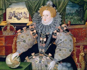 Elżbieta I&nbsp;z&nbsp;Wielką Armadą, portret autorstwa George&rsquo;a Gowera, około 1588 roku (po lewej u&nbsp;g&oacute;ry bitwa pod&nbsp;Gravelines, po&nbsp;prawej u&nbsp;g&oacute;ry zagłada Armady u&nbsp;wybrzeży Irlandii)