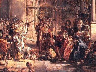 Jan Matejko „Przyjęcie Żydów w Polsce" (fragment obrazu). Na tronie siedzi Władysław Herman. Za nim (brodaty mężczyzna) stoi Sieciech