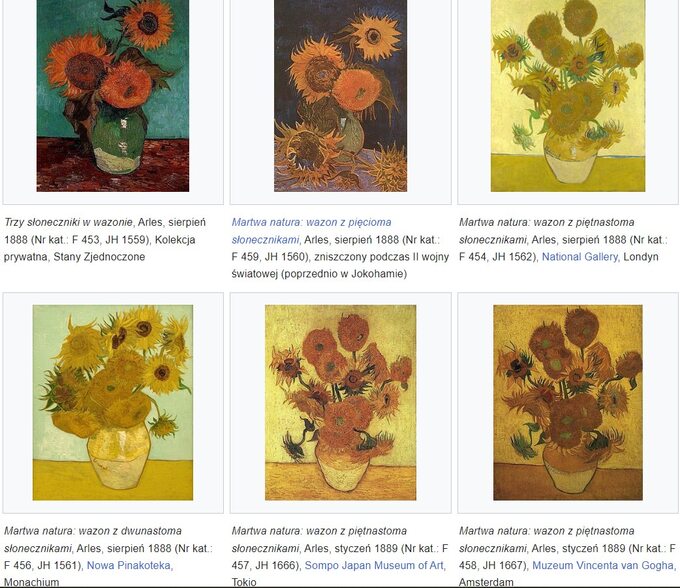Sześć spośród jedenastu obrazów "Słoneczniki" V. van Gogha