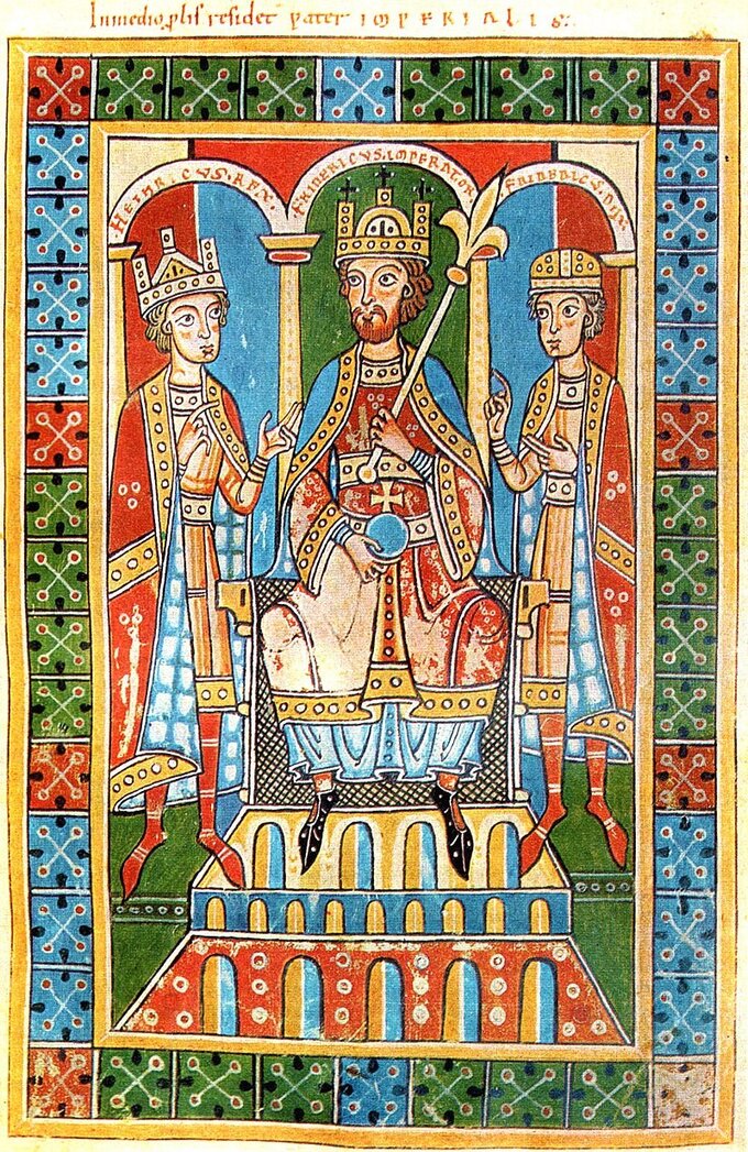 Fryderyk Barbarossa (w środku) ze swoimi synami: Henrykiem i Fryderykiem