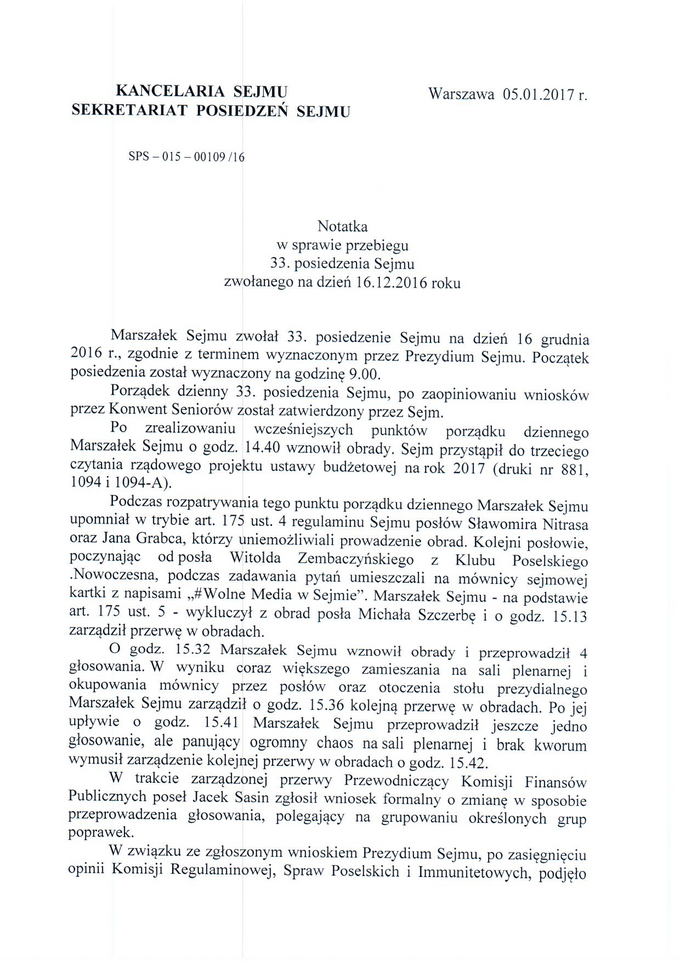 Notatka Sekretariatu Posiedzeń Sejmu ws. posiedzenia z&nbsp;16 grudnia