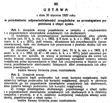 Fragment ustawy dotyczącej korupcji z&nbsp;30 stycznia 1920&nbsp;r.