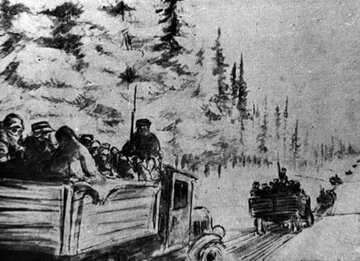 Transport więźni&oacute;w odkrytymi ciężar&oacute;wkami po&nbsp;drodze z&nbsp;drewnianych okrąglak&oacute;w w&nbsp;okolicy Kotłasu w&nbsp;lutym 1940&nbsp;r. Rys. nieznanego łagiernika