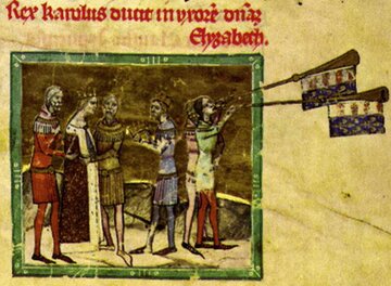 Ślub Elżbiety Łokietk&oacute;wny (c&oacute;rki Władysława) z&nbsp;Karolem Robertem Andegaweńskim (miniatura z&nbsp;Kroniki Ilustrowanej)