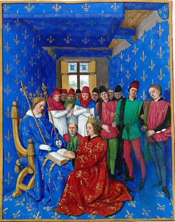 Król Anglii Edward I jako książę Akwitanii składa hołd lenny królowi Francji Filipowi IV, 1286 rok. Ilust. Jean Fouquet