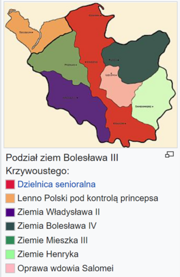 Podział ziem polskich zgodnie z&nbsp;testamentem pozostawionym przez Bolesława Krzywoustego -&nbsp;rozbicie dzielnicowe