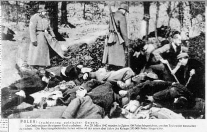 To być może jedyne zdjęcie dokumentujące zbrodnię niemiecką w Zgierzu. Pochodzi z ulotki zrzuconej przez lotnictwo RAF na terytorium Niemiec. Znalazła się tam informacja o zabiciu stu Polaków w Zgierzu