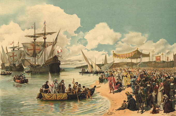 Vasco da Gama opuszcza port w Lizbonie. Obraz autorstwa Roque Gameiro