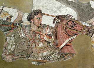 Aleksander na Bucefale podczas bitwy pod Issos (333 p.n.e.). Fragment tzw. mozaiki Aleksandra z Domu Fauna w Pompejach