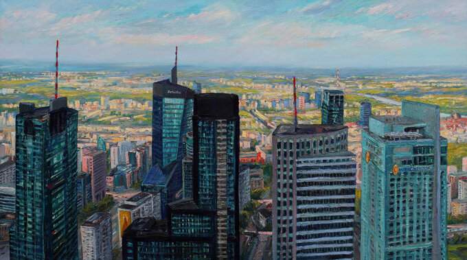 Warszawa, widok ze Złotej 44, północ, 90x160cm, 2021; Wystawa malarstwa Łukasza Zedlewskiego