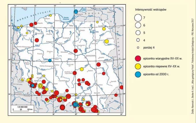 Mapa epicentrów trzęsień ziemi w Polsce od XVI wieku